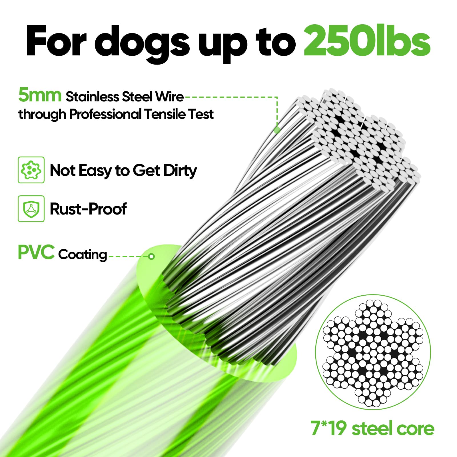 Tresbro 15Ft Reflective Tie Out Cable For Dogs Up To 250 Pounds, Steel Wire Dog Leash Cable With Stainless Rotatable Buckle, Lig